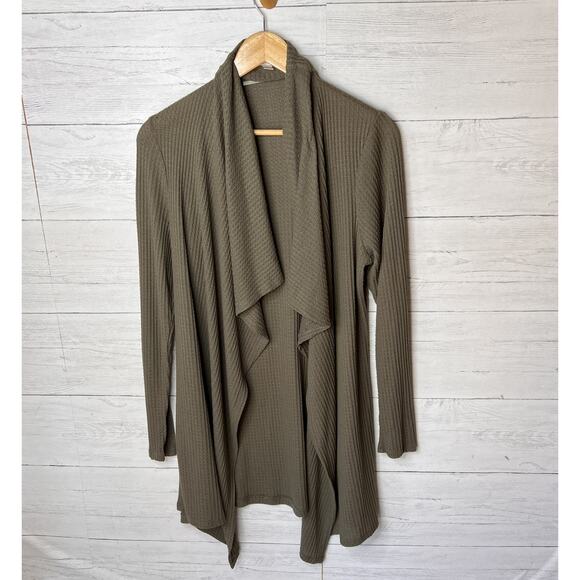 Knox Rose Cardigan Womens Size Large Olive Green Waffle Knit Open Lightweight - Picture 3 of 16